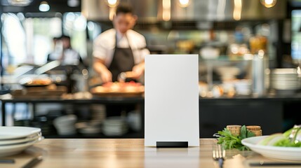 Mockup of a menu frame placed on a table in a bar restaurant, accompanied by a stand for booklets and an acrylic tent card on a cafeteria counter, with a chef cooking in the background.