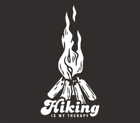 Black and white line art of a campfire with inspiring text hiking is my therapy above, encapsulating the essence of outdoor activities and nature therapy