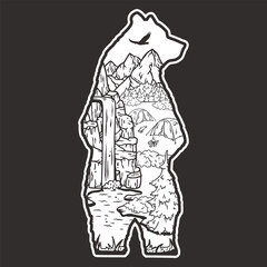 Serene wilderness adventure outline art and vector illustration depicting nature, camping, hiking, and wildlife in a minimalist, eco-friendly, and tranquil black and white landscape