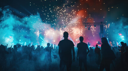 A crowd of individuals gathered outdoors, looking up at colorful bursts of fireworks lighting up the night sky - Powered by Adobe