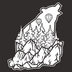 Vector illustration featuring an outline of mountains, pine trees, and hot air balloons, ideal for representing the joys of camping, hiking, and exploring the great outdoors
