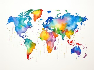 A cartoon interpretation of the World Map, rendered in watercolor, bright and colorful, perfectly isolated on a white background