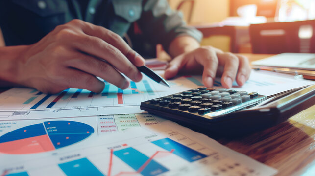 Business professional analyzing data with calculator.