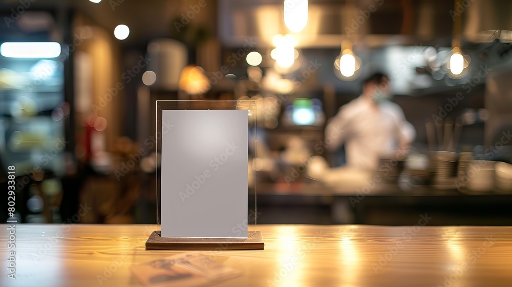 Poster mockup of a menu frame placed on a table in a bar restaurant, accompanied by a stand for booklets an