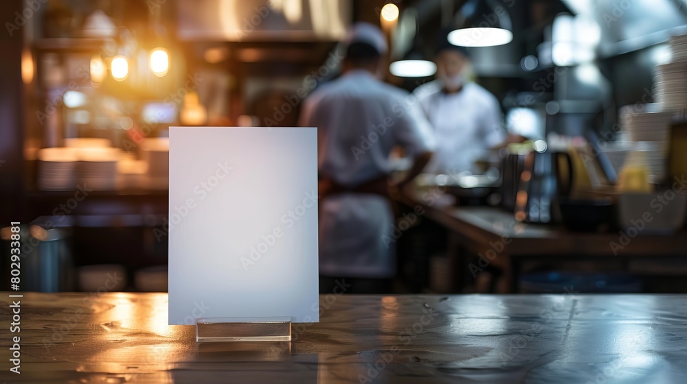 Poster mockup of a menu frame placed on a table in a bar restaurant, accompanied by a stand for booklets an
