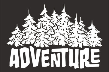 Line art design featuring a dense pine forest and the bold word 'adventure' set against a clear background symbolizing a call to the wild for campers and hikers