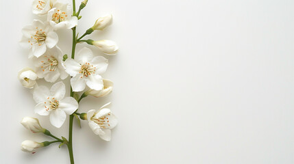 A graceful stem of jasmine flowers arranged vertically, white blooms emitting a sweet scent and adding elegance to the composition against a bright white background