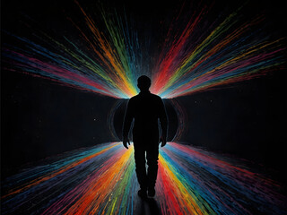 Portal to another world. A person on a journey through a mesmerizing tunnel of colorful light
