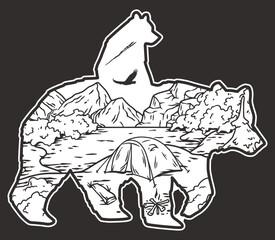 Serene wilderness adventure outline art and vector illustration depicting nature, camping, hiking, and wildlife in a minimalist, eco-friendly, and tranquil black and white landscape