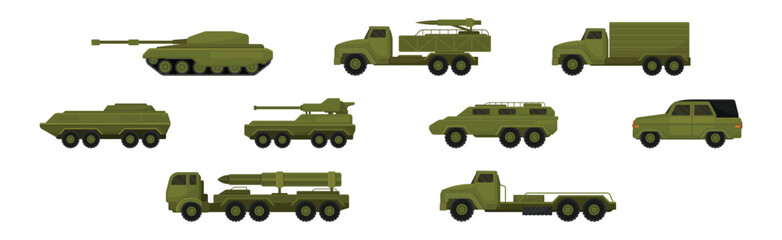 Naklejka premium Military Machinery, Transport and Equipment Vector Set