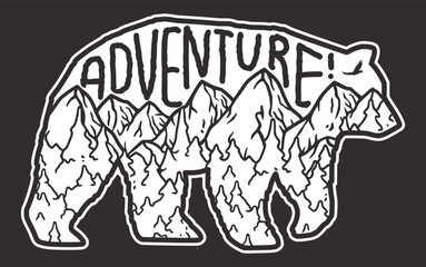 Stylized black and white line art illustration combining a bear silhouette with a mountain range, symbolizing outdoor adventure and the spirit of wilderness exploration