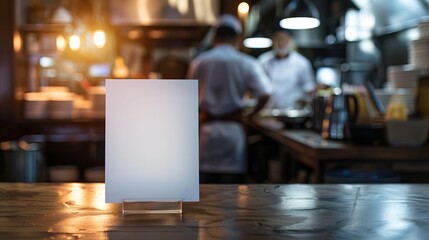 Mockup of a menu frame placed on a table in a bar restaurant, accompanied by a stand for booklets and an acrylic tent card on a cafeteria counter, with a chef cooking in the background.