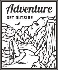 Vintage camping poster with motivational outdoor adventure saying, featuring tent, forest, mountain, lake, wildlife. Sticker for nature hiking, camp. T-shirt print.