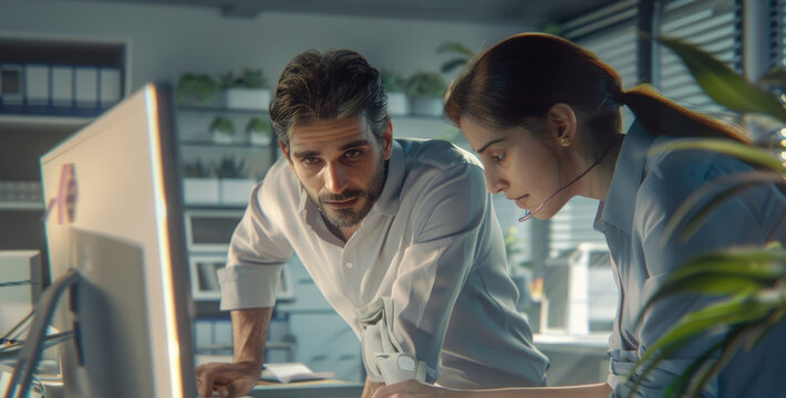 A man and a woman are seated, focused on a computer screen in front of them