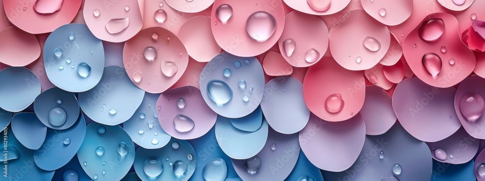 Poster a background of layered paper cutouts depicting raindrops in various shapes and sizes, creating a te