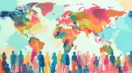 Colorful silhouettes people representing a diverse global population on a world map, for World Population Day, banner