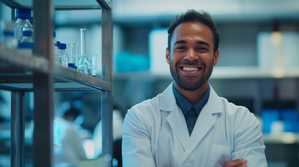 Fototapeta premium Cheerful researcher in a professional lab setting.