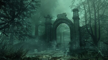 Hellish dungeon gates opening amidst a dark and mysterious forest, blending sinister elements with atmospheric shadows and fog