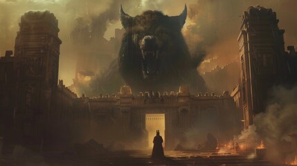 Greek mythology brought to life with the gates of Hades, where Cerberus stands guard amidst the shadows and fog, a scene of awe and fear