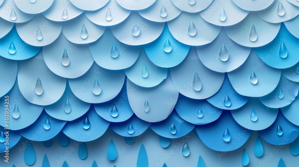 Poster a background of layered paper cutouts depicting raindrops in various shapes and sizes, creating a te