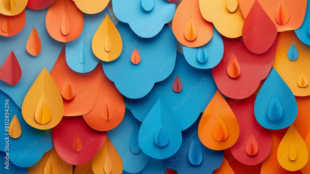 Poster a background of layered paper cutouts depicting raindrops in various shapes and sizes, creating a te