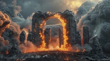 Gates of hell set against a volcanic backdrop with a fire lava podium, rock formations, and billowing smoke, creating a dramatic 3D scene