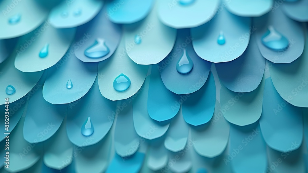 Poster a background of layered paper cutouts depicting raindrops in various shapes and sizes, creating a te