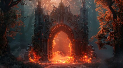 Gates of a dungeon merging with the fiery portals of hell, set against a mysterious forest backdrop, designed to evoke an atmospheric and eerie mood