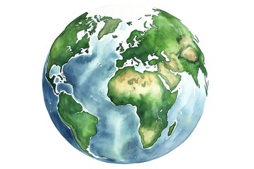 A cartoon interpretation of a watercolor Earth, with America and Africa prominently drawn in green colors, perfect for educational and decorative uses, isolated on white