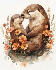 Hand drawn, bright and tender watercolor of a vintage otter mother and son with carnations, reflecting a matriarchal and Mother 's love