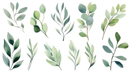 A cartoon interpretation of a watercolor floral set featuring green leaf branches