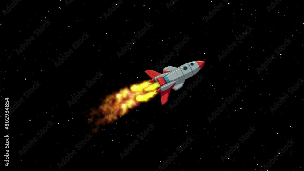 Poster rocket flying on outer space. rocket with fire animation on black background with glitter stars blin