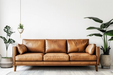Couch Room. Interior Living Room Wall Mockup with Leather Sofa and Decor on White Background