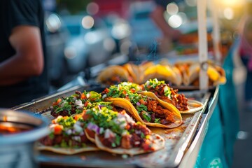 A bustling taco stand serves up a variety of garnished tacos during a lively Cinco De Mayo festivity.