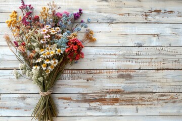 Table Flowers. Rustic Wooden Board Background with Bouquet of Colourful Spring Flowers