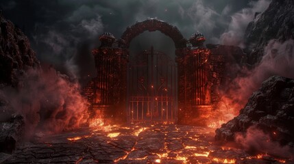 Foreboding gates of a dungeon on a lava podium, featuring a fiery volcanic stone floor, smoke and fire stage set against a backdrop of a dark, rocky mountain