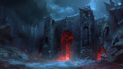 Obraz premium Foreboding gates of a dungeon, archways carved with eerie symbols, set against the backdrop of a dark, hellish landscape, evoking a sense of dread