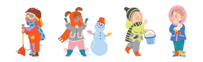 Cute Kid Character Doing Different Winter Activity Vector Set