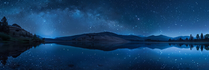 A midnight sky shimmers with silver starlight above a tranquil lake, reflecting the deep indigo...