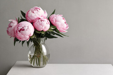 Glass vase with flowers on a white table. Floral background. Vase with peonies.