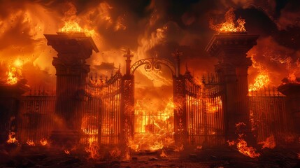 Dramatic visualization of the gates of hell as described in Christianity, with foreboding iron gates set against a fiery backdrop, symbolizing eternal punishment