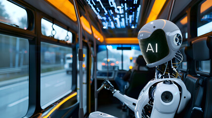 AI Robot Driving A Bus In The Future, Image Representing The Future Of AI, Robotics And Transporatation