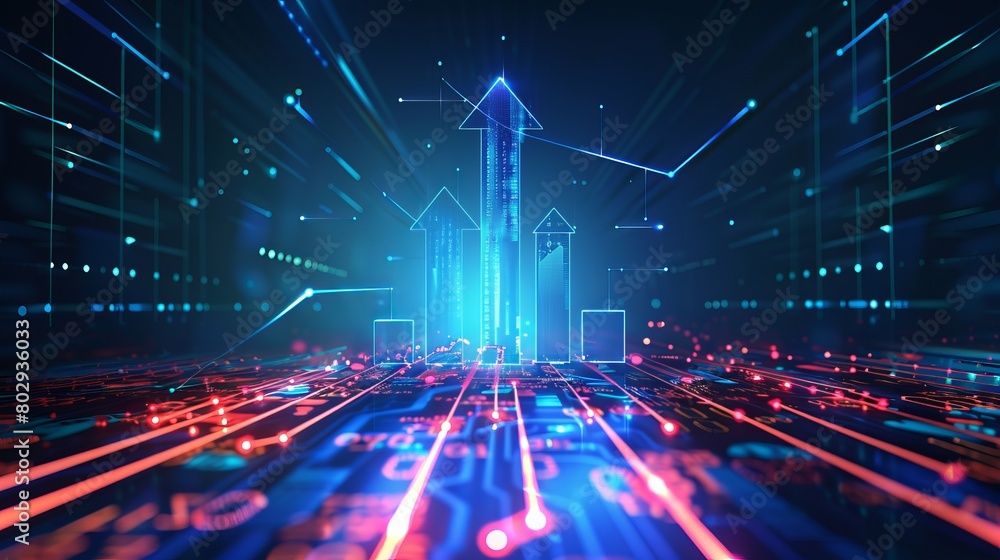 Poster representation of business growth with an upward arrow in a circuit technology style on a dark blue 