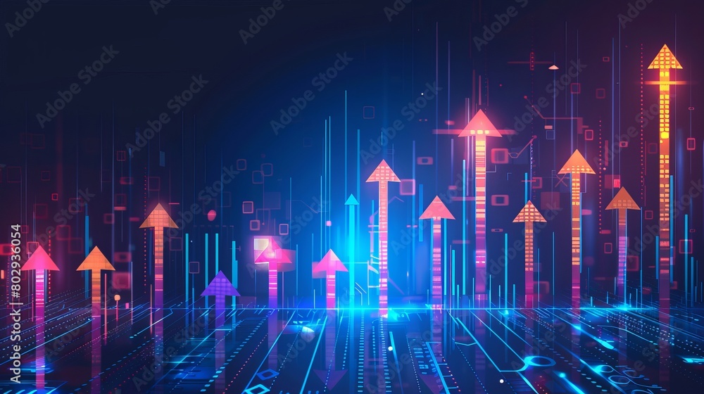 Poster representation of business growth with an upward arrow in a circuit technology style on a dark blue 