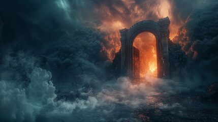 Dark entrance to the underworld, with the gates of Hades guarded by Cerberus, surrounded by mist and the echoes of lost souls, capturing a mythological essence