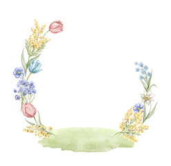 Round oval composition frame with vintage green twigs, flowers, grass and leaves vegetation composition isolated on white background. Watercolor hand drawn illustration sketch