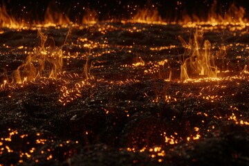 Glowing embers and flames flicker over a darkened terrain, encapsulating the raw energy of fire.