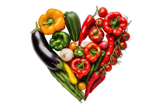 Assorted vegetable forming forming heart shape isolated on transparent background