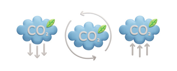 CO2 emission reduction, carbon neutral 3D vector icon set. Zero carbon footprint, stop global warming greenhouse effect. 3D cartoon style carbon cloud, eco friendly CO2 neutral vector illustration set