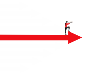 Art collage. Woman with a telescope looks to the success on top of the arrow, isolated on free png background. Symbol of the leadership, business finance concept, achievement.